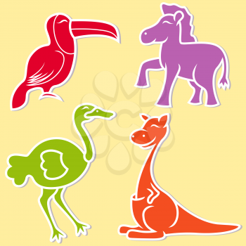 Toucan, pony, ostrich and kangaroo on light yellow background, cartoon flat vector illustration