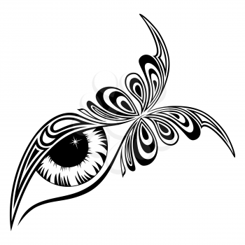 Human eye with butterfly pattern on the outer corner, black vector illustration isolated on a white background