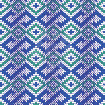 Abstract Ornamental Seamless Vector Pattern as a stylish Fabric Knitted ethnic texture in blue, green and light grey colors