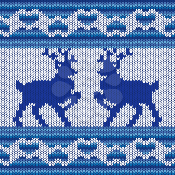 Ornamental Vector Pattern with two Reindeers as a stylish Fabric Knitted ethnic texture in blue, cyan and light grey colors, can be used as a seamless pattern
