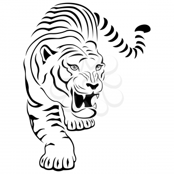 Aggressive concealed large tiger on the hunting, hand drawing vector outline isolated on a white background