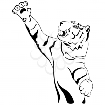 Adult tiger with his paw held high up, hand drawing cartoon vector outline isolated on a white background