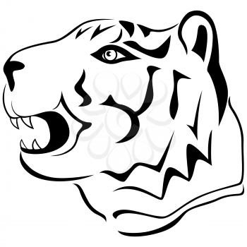 Adult tiger head profile, hand drawing cartoon vector outline isolated on a white background