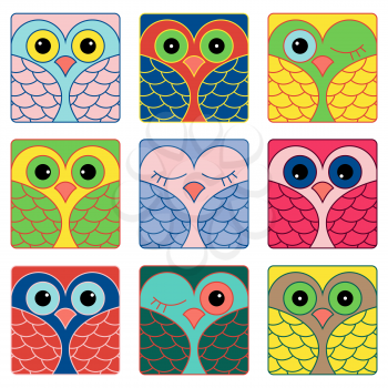 Set of nine funny colored owl faces placed in square forms and isolated on a white background, cartoon vector illustration as icons