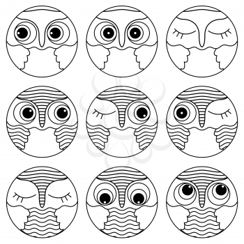 Set of nine amusing owl faces placed in a circle and isolated on a white background, cartoon vector black outlines as icons