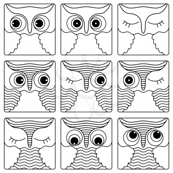 Set of nine amusing owl faces placed in square forms and isolated on a white background, cartoon vector black outlines as icons