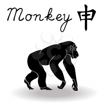 Chinese Zodiac Sign Monkey, Fixed Element Metal, symbol of New Year on the Chinese calendar, hand drawn black vector stencil isolated on a white background