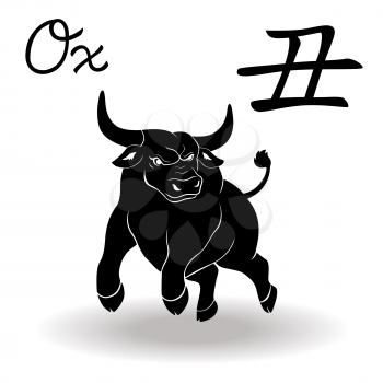 Chinese Zodiac Sign Ox, Fixed Element Earth, symbol of New Year on the Chinese calendar, hand drawn black vector stencil isolated on a white background