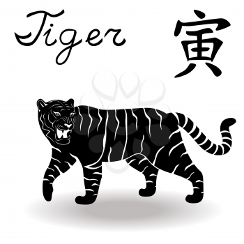 Chinese Zodiac Sign Tiger, Fixed Element Wood, symbol of New Year on the Chinese calendar, hand drawn black vector stencil isolated on a white background