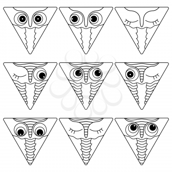 Set of nine amusing owl faces placed in triangle forms and isolated on a white background, cartoon vector black outlines as icons