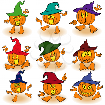 Halloween set of nine orange pumpkins in color hats that gesticulate with hands and feet isolated on the white background, cartoon vector illustrations