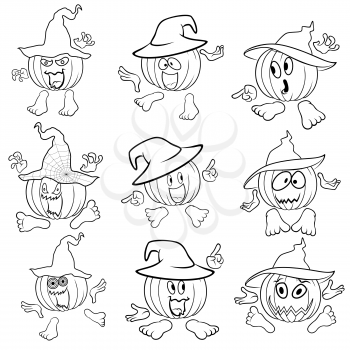 Halloween set of nine outlines of pumpkins in hats that gesticulate with hands and feet isolated on the white background, cartoon vector illustrations