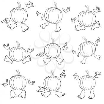 Halloween set of nine outlines of funny pumpkins that gesticulate with hands and feet, view from the back, isolated on the white background cartoon vector illustrations