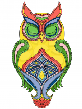 Colourful ornamental big owl with close eyes, vector illustration with ethnic motifs isolated on a white background