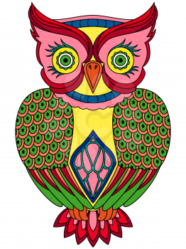 Colourful big serious owl, ornamental vector illustration with ethnic motifs isolated on a white background