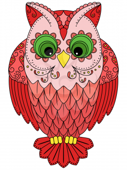 Colourful big red owl, ornamental vector illustration with ethnic motifs isolated on a white background