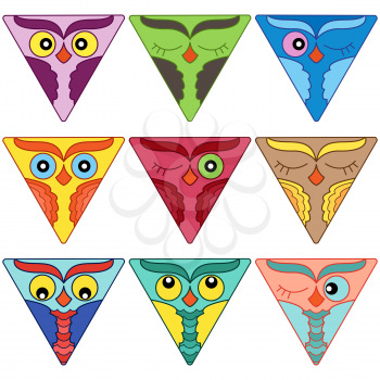 Set of nine cute colorful owl faces placed in triangle shapes and isolated on a white background, cartoon vector illustration as icons