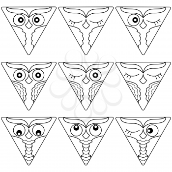 Set of nine cute owl faces placed in a circle and isolated on a white background, cartoon vector black outlines as icons