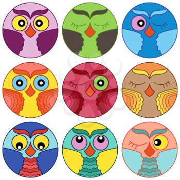 Set of nine cute colorful owl faces placed in circle forms and isolated on a white background, cartoon vector illustration as icons