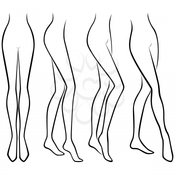 Lower part of abstract slim female body, set of four hand drawing vector black outlines over white