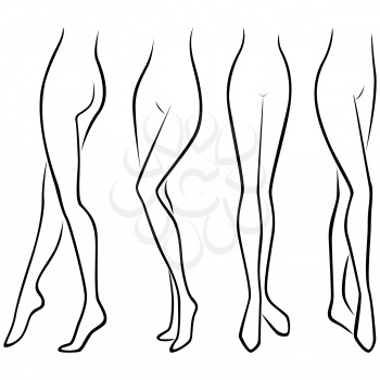 Lower part of abstract graceful female body, set of four hand drawing vector black outlines over white