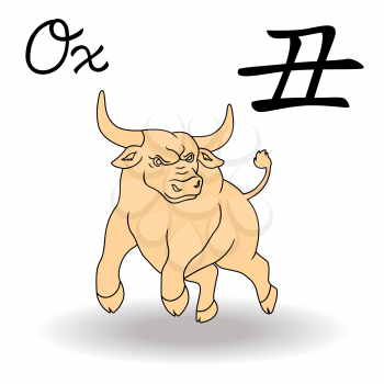Eastern Zodiac Sign Ox, symbol of New Year in Chinese calendar, hand drawn vector artwork isolated on a white background