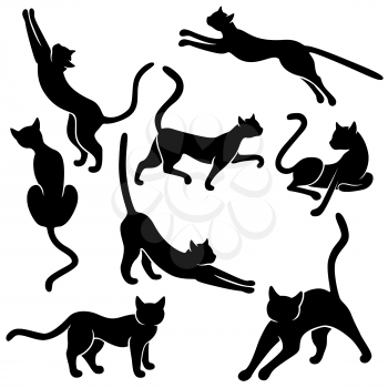 Set of eight black vector silhouettes of funny domestic cats in different poses on a white background, hand drawing illustration