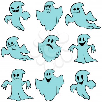 Set of nine blue flying ghosts with various characters isolated on a white background, cartoon Halloween vector illustration
