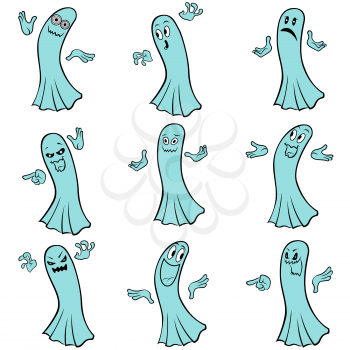 Set of nine blue ghosts with various characters isolated on a white background, cartoon Halloween vector illustration