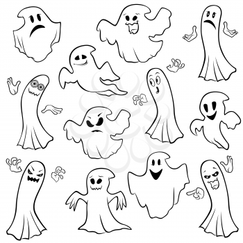 Set of twelve ghost outline with various characters isolated on a white background, cartoon Halloween vector illustration