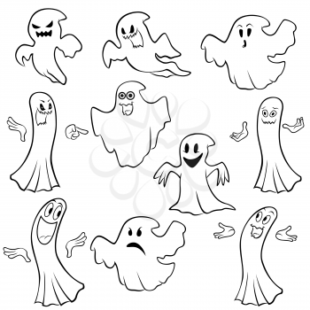 Set of ten ghost outline with various characters isolated on a white background, cartoon Halloween vector illustration