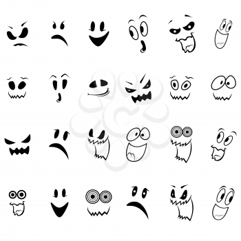 Set of twenty four ghosts faces outline with various characters isolated on a white background, cartoon Halloween vector illustration