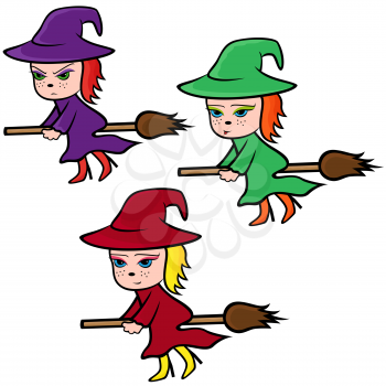Halloween set of three flying colorful witches on a broomstick with various face characters isolated on a white background, cartoon vector illustration