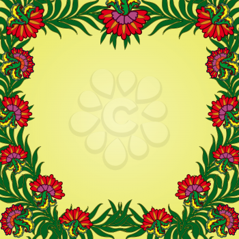 Pattern with a frame of colorful summer flowers along the perimeter, hand drawing vector illustration