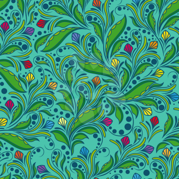 Seamless pattern with doodle floral elements, hand drown vector artwork mainly in green hues