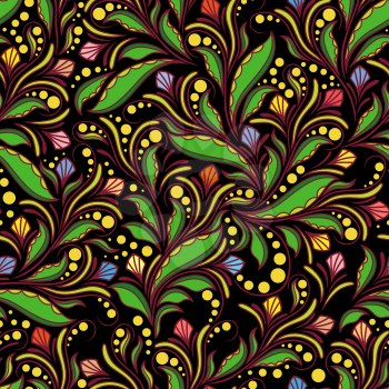 Seamless colourful pattern with doodle herbal elements on a black background, hand drown vector artwork