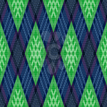 Rhombic contrast seamless vector pattern as a tartan plaid in green and blue colors
