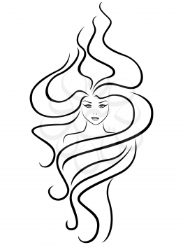 Abstract female head with extraordinary hairstyle, hand drawing vector outline
