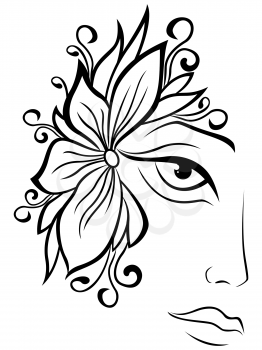 Part of abstract black and white women face with floral accessories, hand drawing vector outline artwork