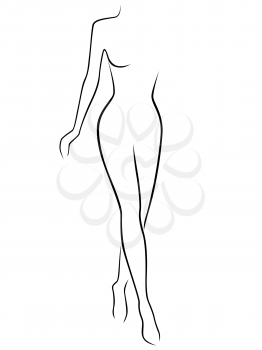 Abstract slender woman stepping by assured gait, hand drawing vector outline