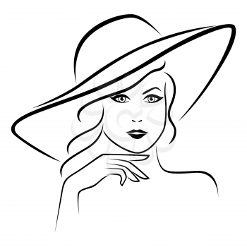Abstract beautiful young lady portrait in a wide brimmed hat, hand drawing vector outline