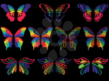 Set of ten motley colourful ornamental wings of butterflies isolated on the black background, vector artwork