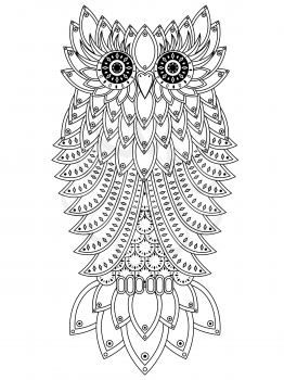 Amusing big owl with geometric elements black outline isolated on the white background, cartoon vector artwork