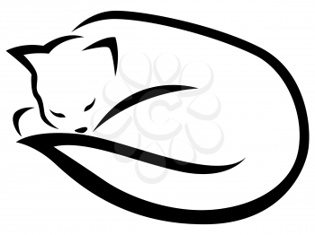 Stylized lying and sleeping black cat isolated on the white background, cartoon vector illustration
