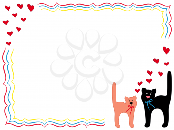 Black Cat and Pink Kitty in Love, hand drawing vector cartoon Valentine greeting card