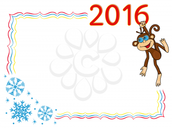 Greeting card with Funny Monkey that holds for the digit of inscription 2016 and hangs on it, cartoon vector artwork on the winter background with frame and snowflakes