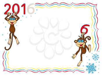 Greeting card with two Amusing Monkeys and inscription 2016, cartoon vector artwork on the winter background with frame and snowflakes
