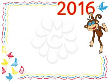 Greeting card with Funny Monkey that holds for the digit of inscription 2016 and hangs on it, cartoon vector artwork on the background with frame and butterflies