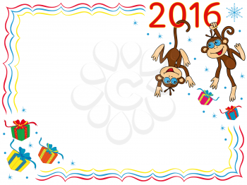 Greeting card with two Funny Monkeys and inscription 2016, cartoon vector artwork on the winter background with frame and gifts
