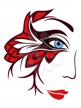 Part of abstract colourful women face with ornamental stylized mask, hand drawing vector artwork